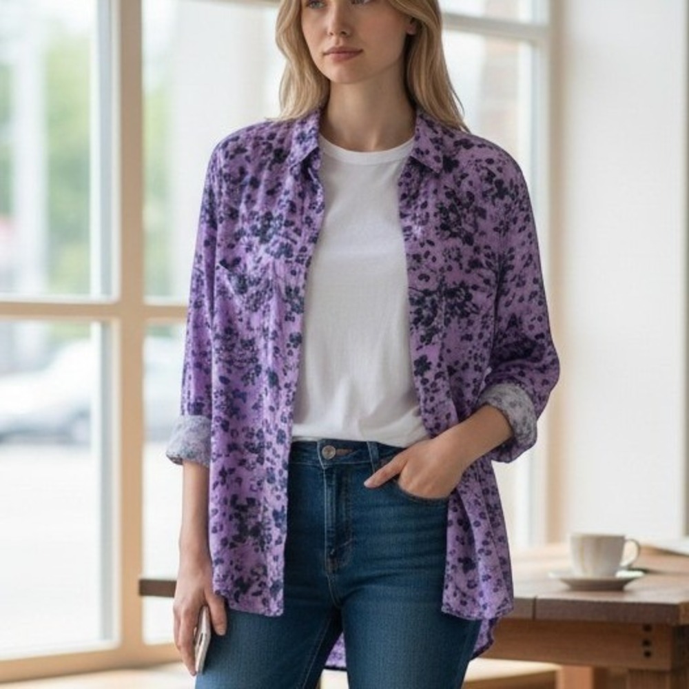 Anthropologie Pilcro Romy Purple Floral Boyfriend Button Down shirt sz SM
